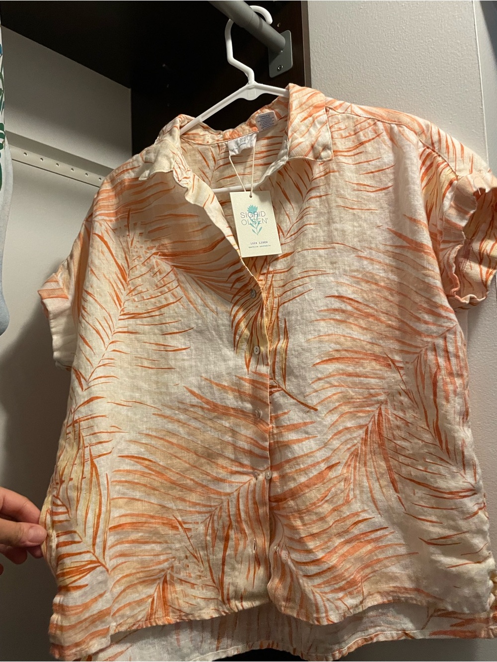 Sigrid Olsen White and Orange Palm-Print Button-Down Shirt